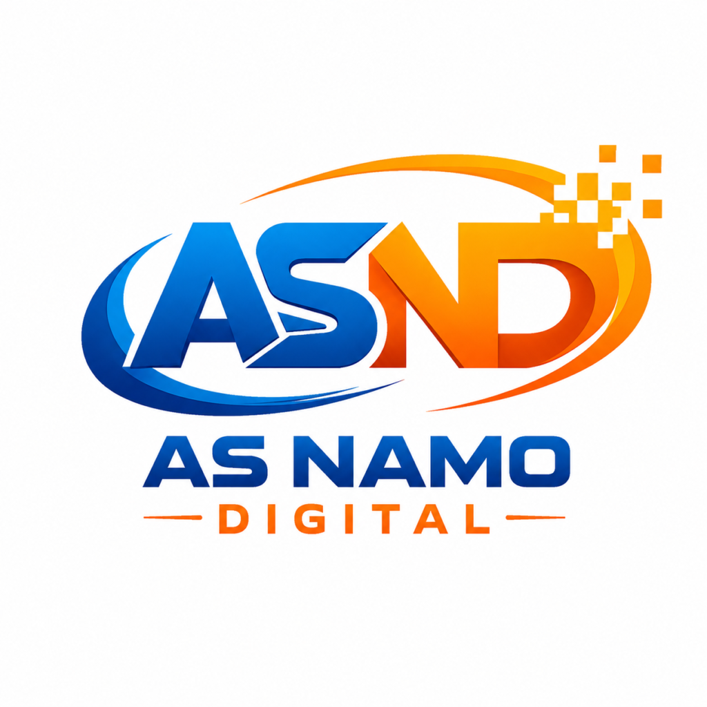 AS Namo Digital logo featuring blue and orange typography with a modern digital pixel design representing digital marketing and technology services