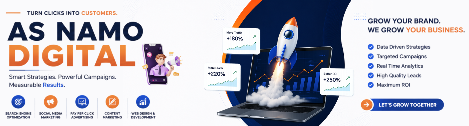 Professional digital marketing services by AS Namo Digital including SEO, PPC, website design, content marketing, and online branding
