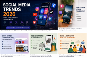 Social Media Trends 2026 infographic highlighting AI content creation, short-form videos, social commerce, social search optimization, and community marketing for business growth