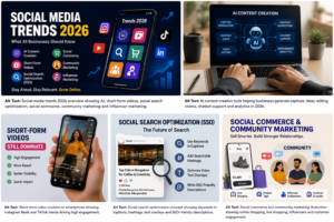 Illustration of Social Search Optimization showing keyword-rich social media posts, searchable hashtags, and optimized captions for higher visibility