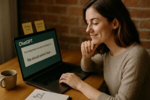 ChatGPT assisting with editing, proofreading, and improving blog readability on a laptop