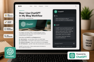 Laptop displaying a blog about using ChatGPT for content writing with ChatGPT workflow interface for idea generation, editing, and SEO optimization