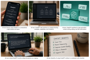 Using ChatGPT for blogging, content writing, proofreading, idea generation, and SEO optimization workflow on a laptop