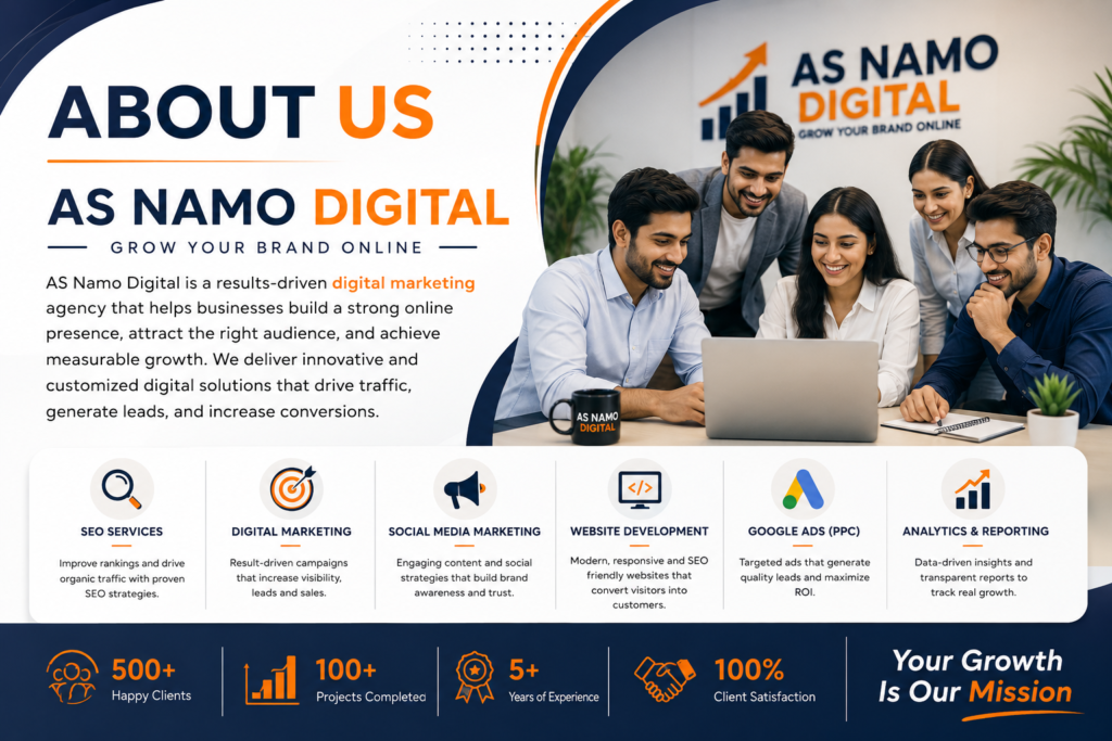 About AS Namo Digital – Professional digital marketing agency offering SEO, website design, PPC, content marketing, and online branding services
